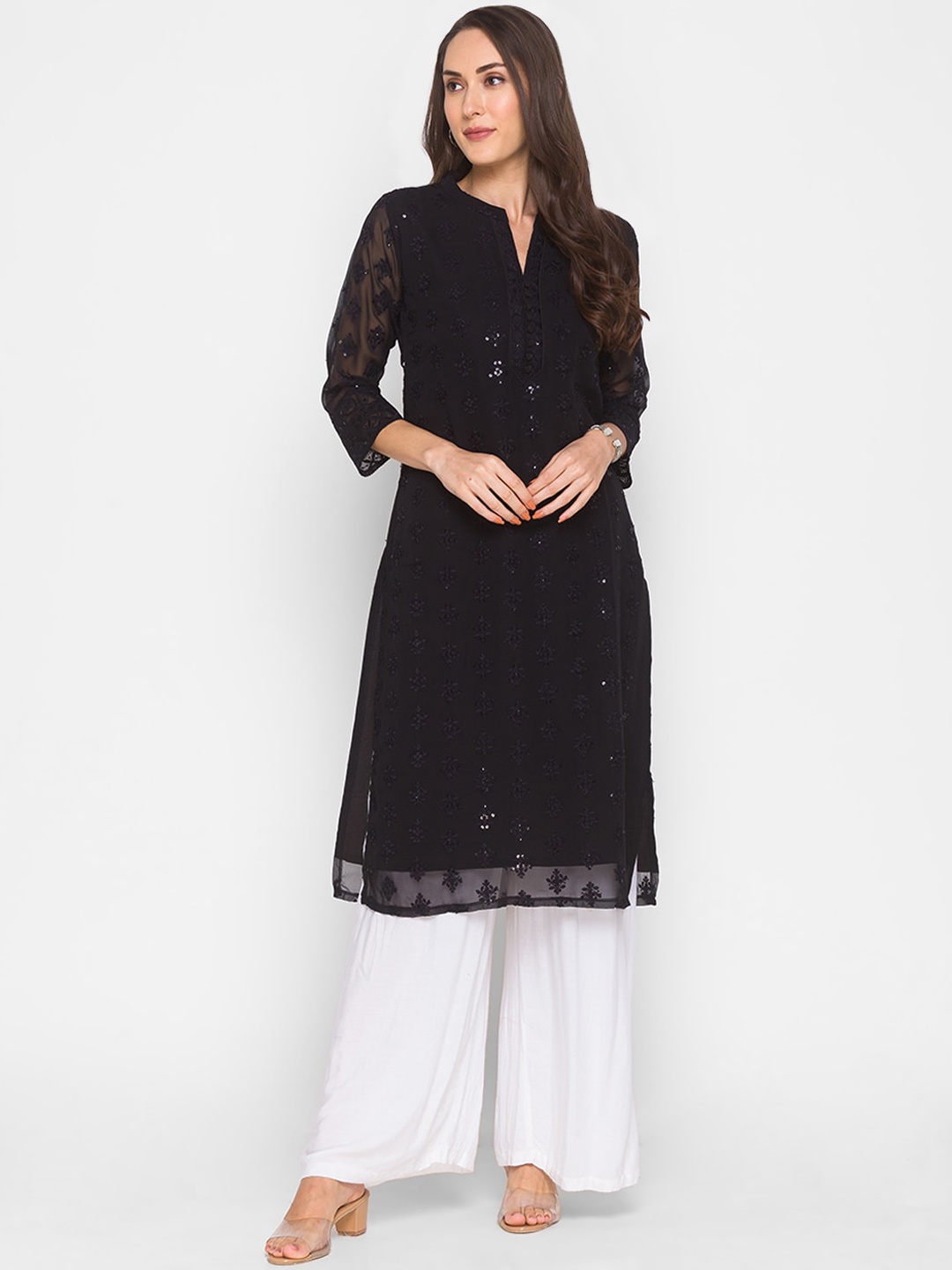 

ZOLA Women Black Ethnic Motifs Embroidered Chikankari Georgette Kurta