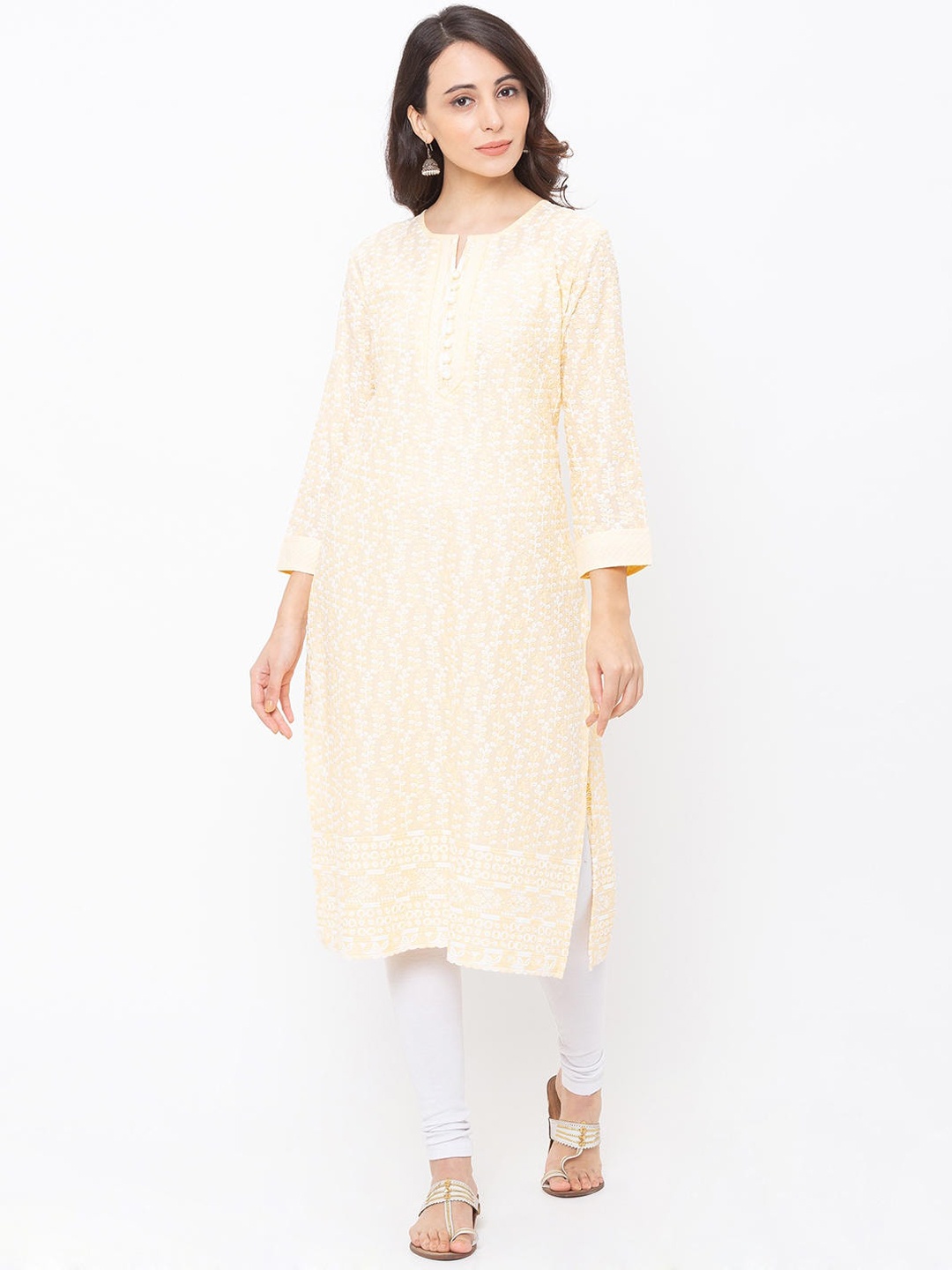 

ZOLA Women Yellow & White Embroidered Chikankari Kurta