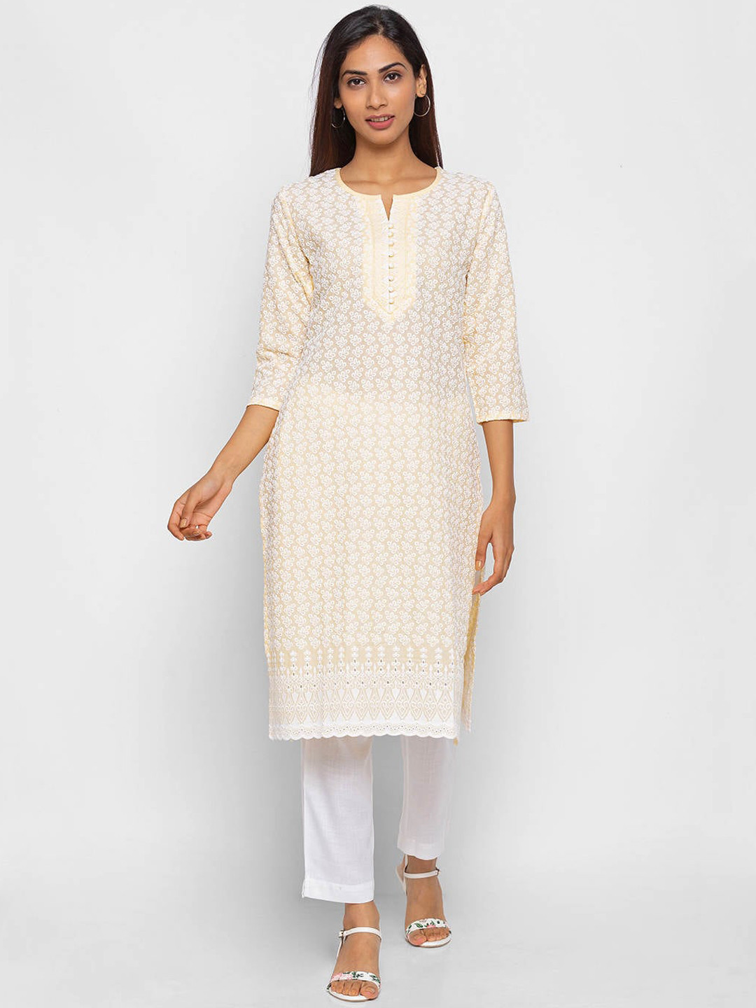 

ZOLA Women Yellow & Off White Ethnic Motifs Embroidered Kurta
