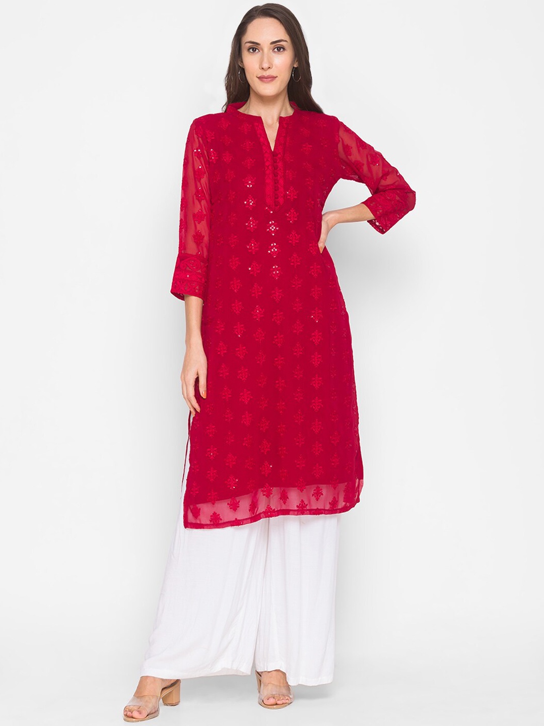 

ZOLA Women Maroon Ethnic Motifs Embroidered Chikankari Georgette Kurta