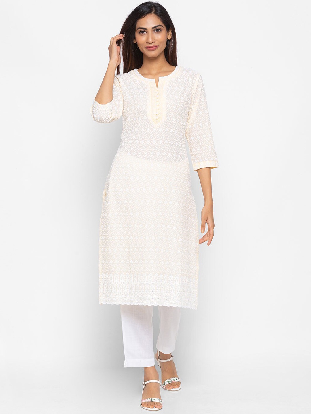 

ZOLA Women Yellow Ethnic Motifs Embroidered Chikankari Kurta