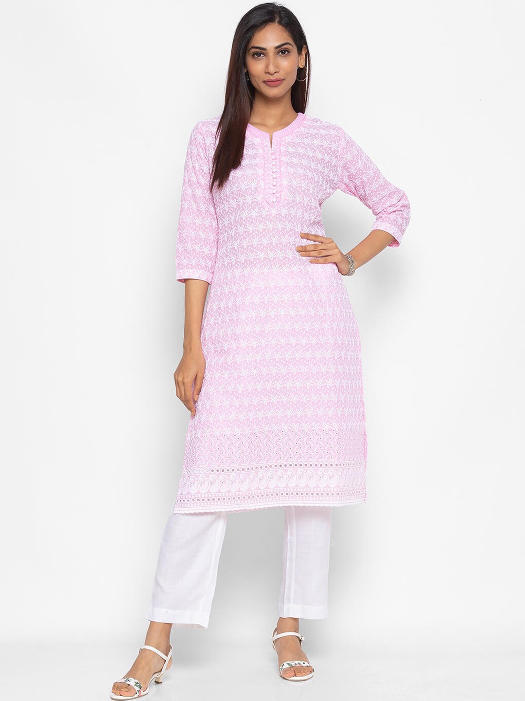 

ZOLA Women Pink Floral Embroidered Chikankari Kurta