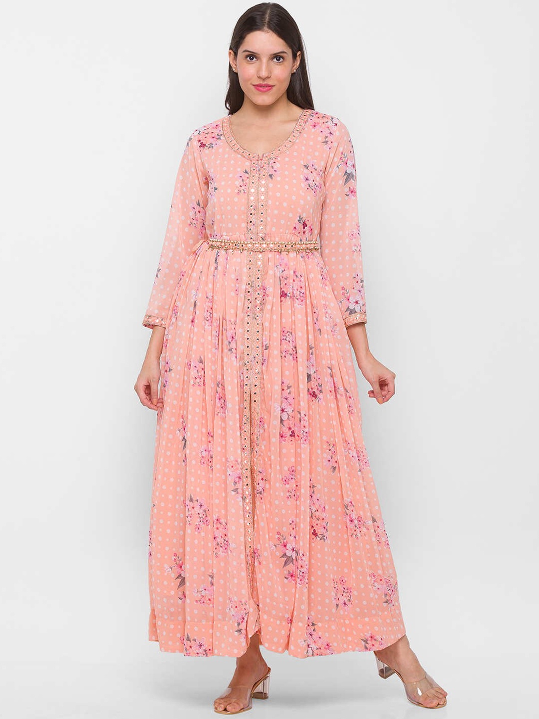 

ZOLA Women Peach-Coloured Floral Printed Georgette Anarkali Kurta