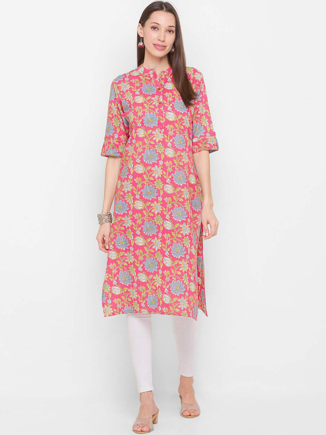 

ZOLA Women Pink & Blue Floral Printed Cotton Kurta