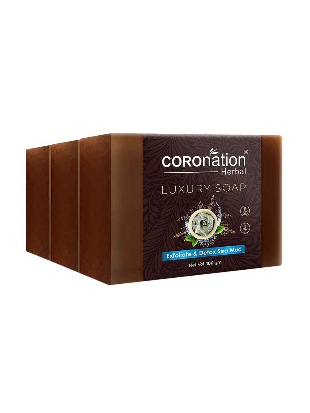 

COROnation Herbal Set of 3 Exfoliate & Detox Sea Mud Luxury Soaps - 100g each, Coffee brown