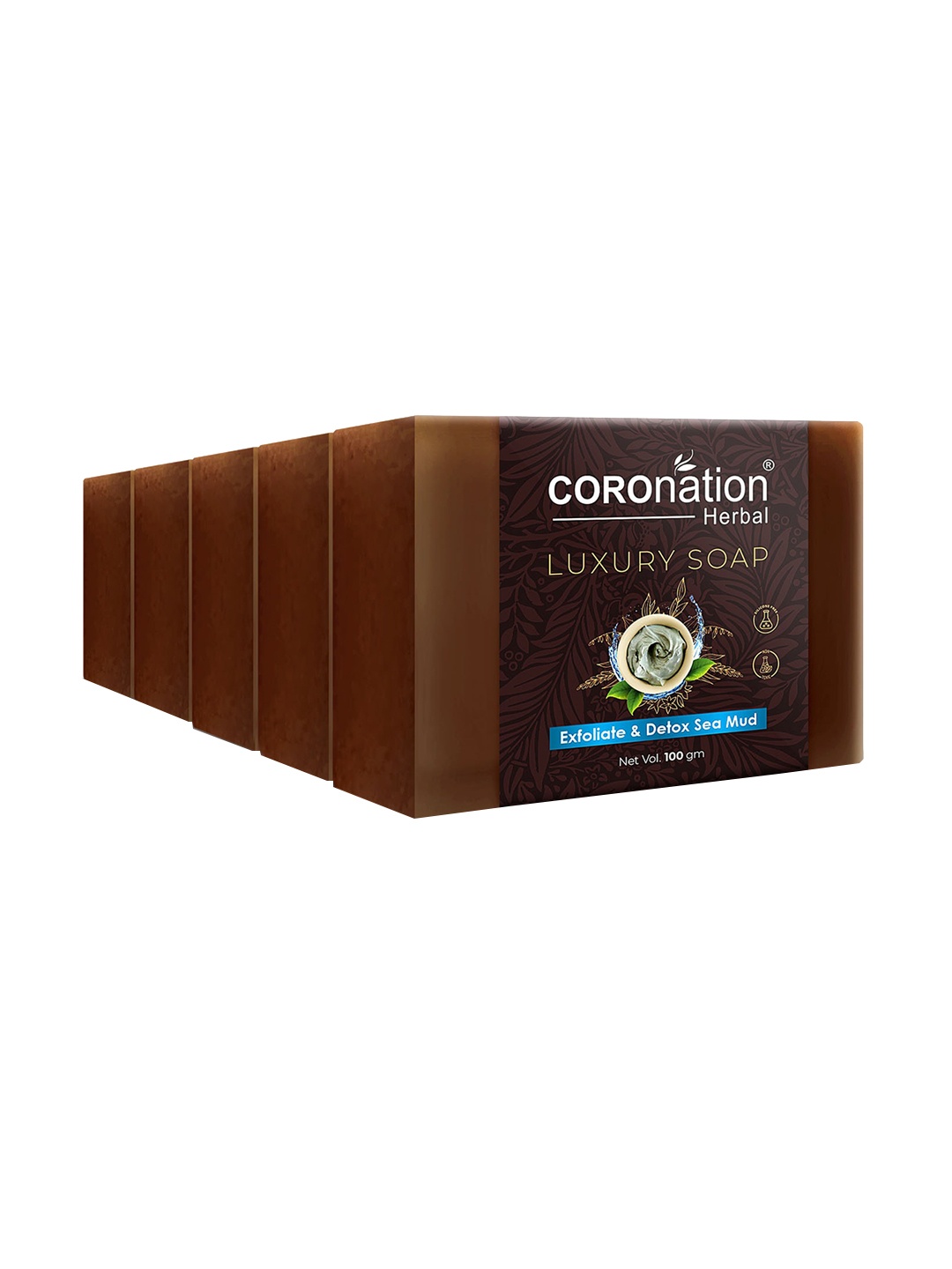 

COROnation Herbal Set of 5 Exfoliate & Detox Sea Mud Luxury Soaps - 100 g Each, Coffee brown