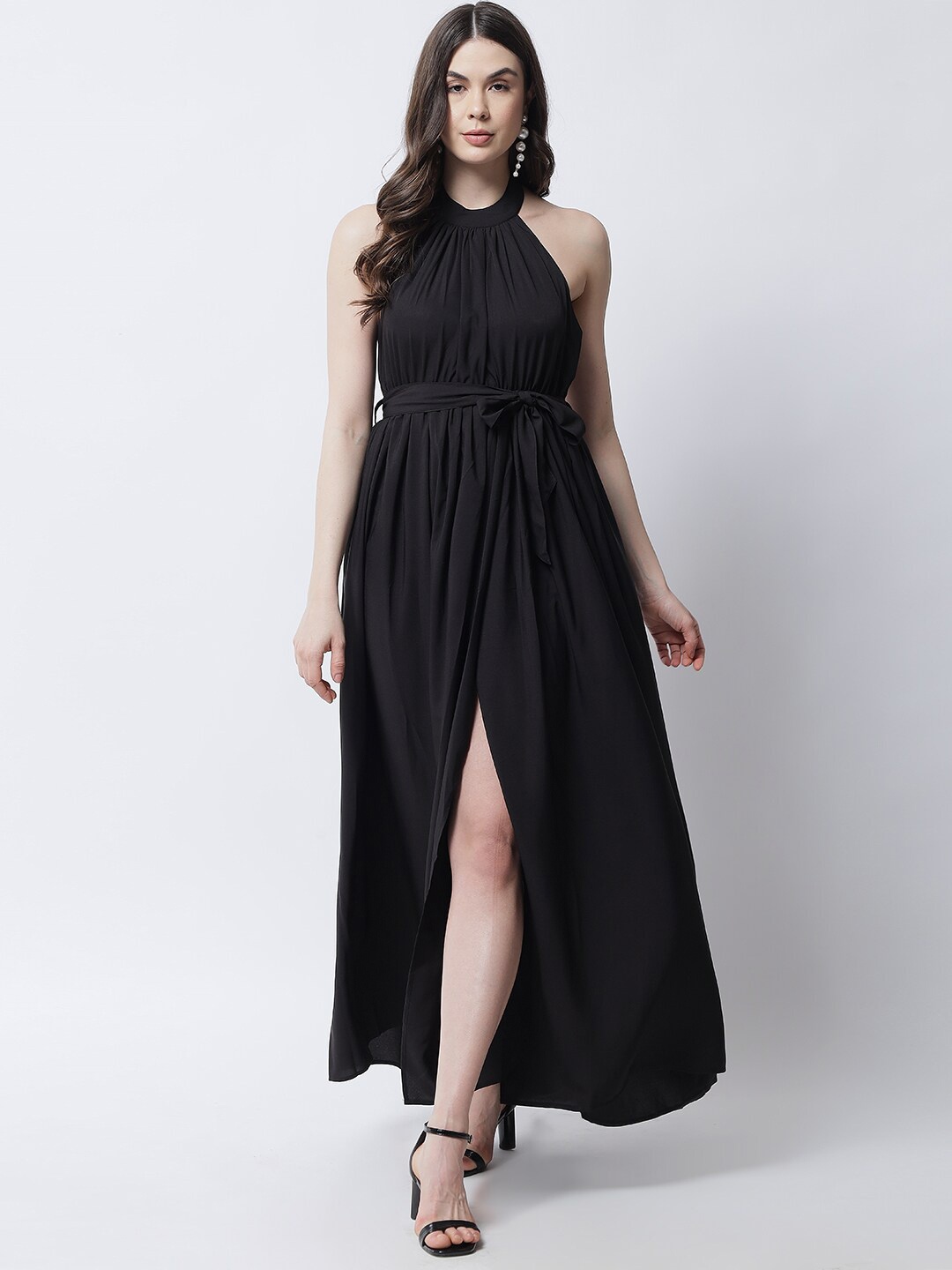 

emeros Black Halter Neck Crepe Front Slit Gown Maxi Dress