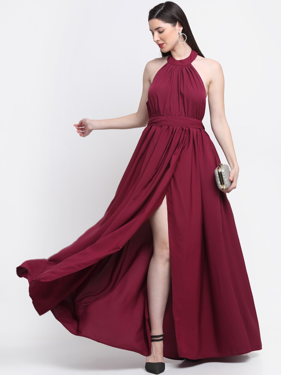 

emeros Women Burgundy Halter Neck Crepe Maxi Dress