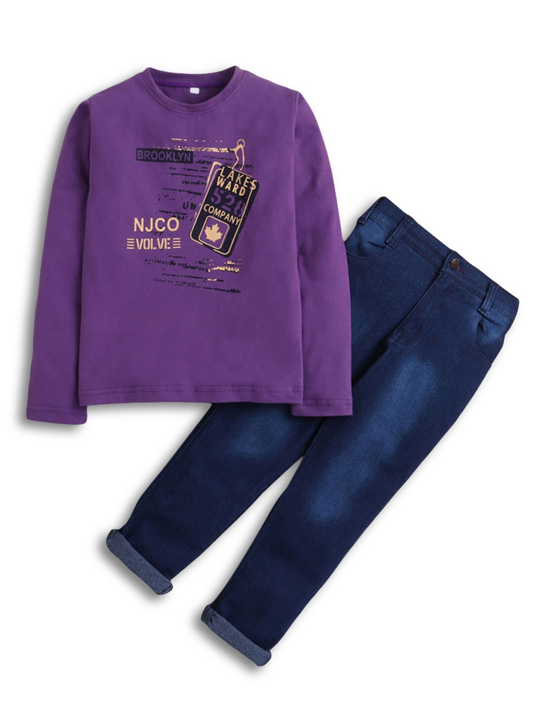 

Hopscotch Boys Purple & Navy Blue Printed Pure Cotton T-shirt with Trousers