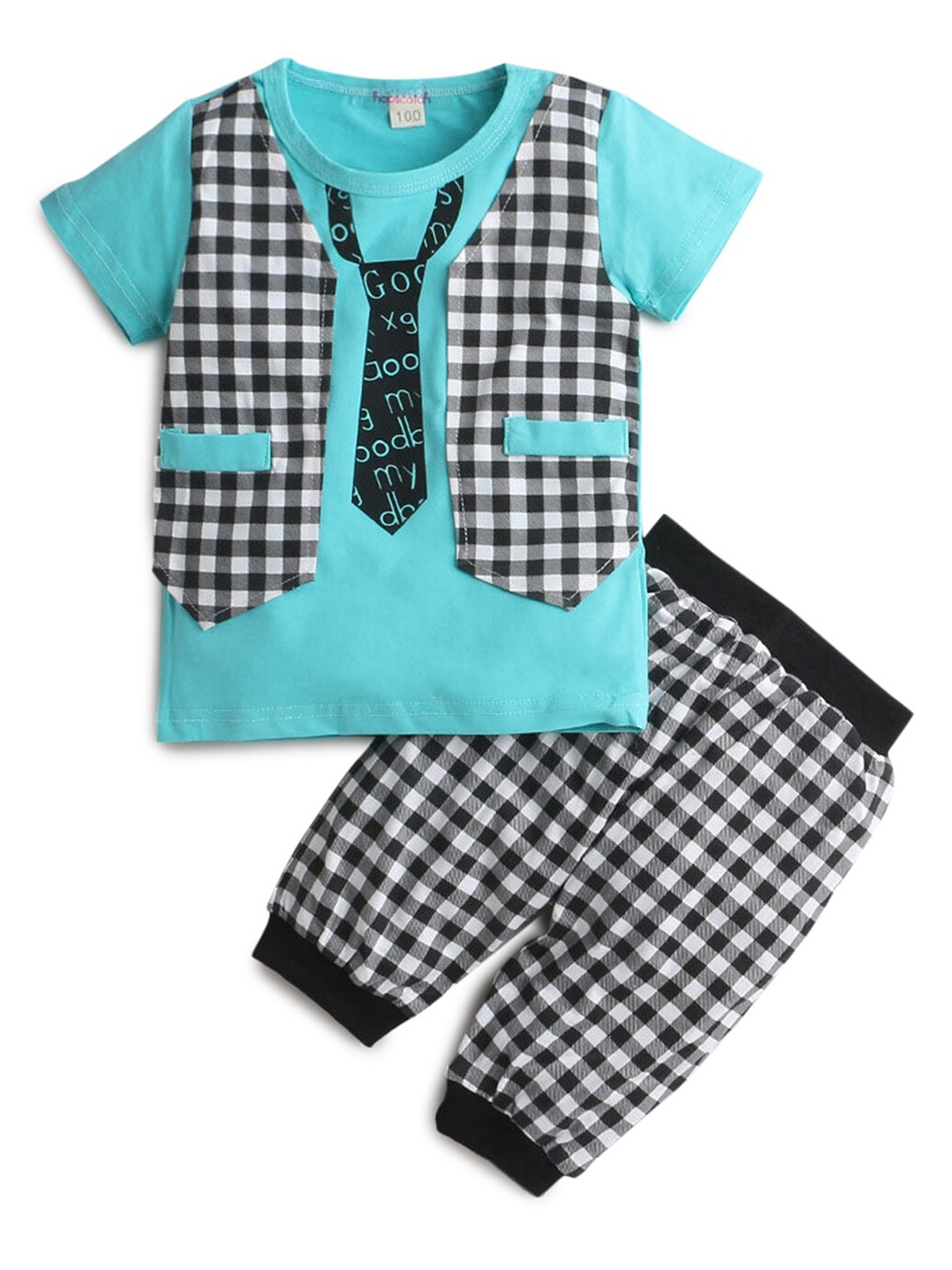 

Hopscotch Boys Turquoise Blue & Black Checked Pure Cotton T-shirt with Joggers