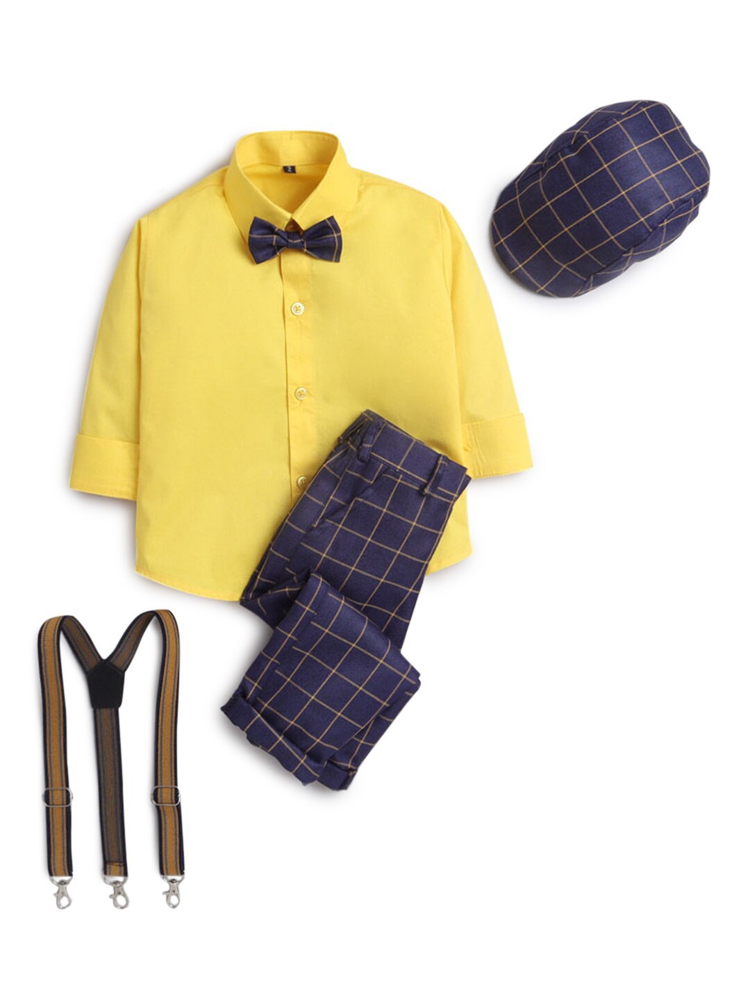 

Hopscotch Boys Navy Blue & Yellow Shirt and Trousers with Suspender Cap and Bow Tie