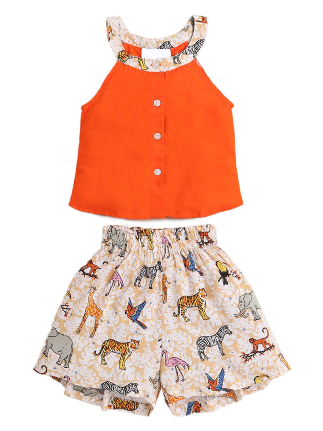 

Hopscotch Girls Orange & Beige Printed Pure Cotton Top with Shorts