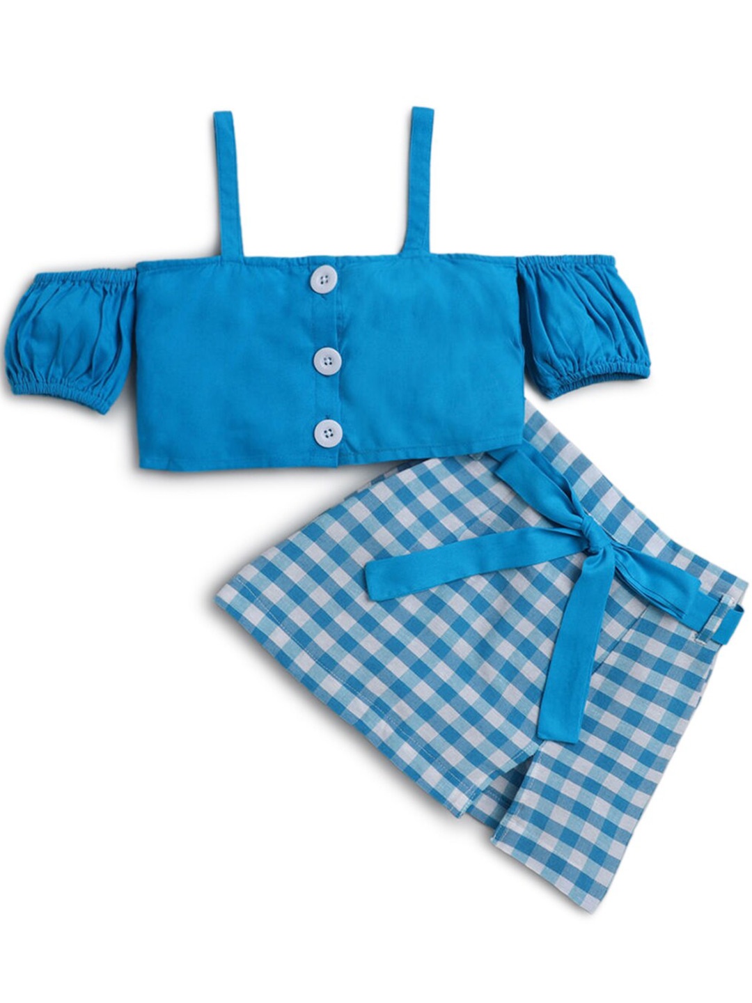 

Hopscotch Girls Blue & White Gingham Print Pure Cotton Top with Skirt