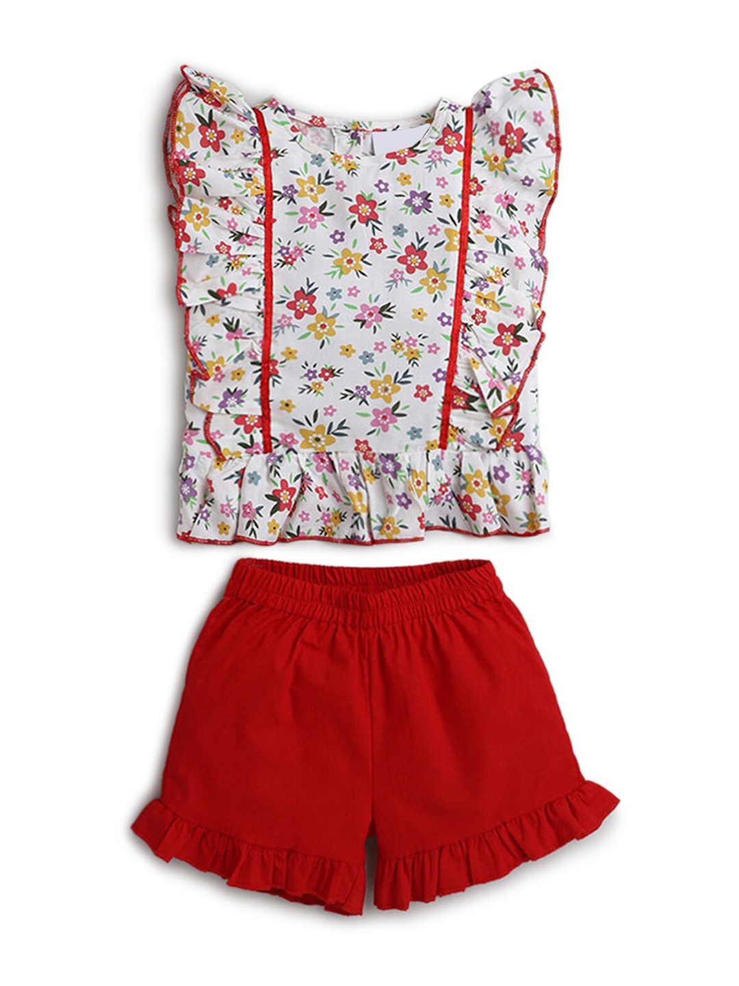 

Hopscotch Girls White & Red Floral Printed Ruffled Pure Cotton Top with Shorts