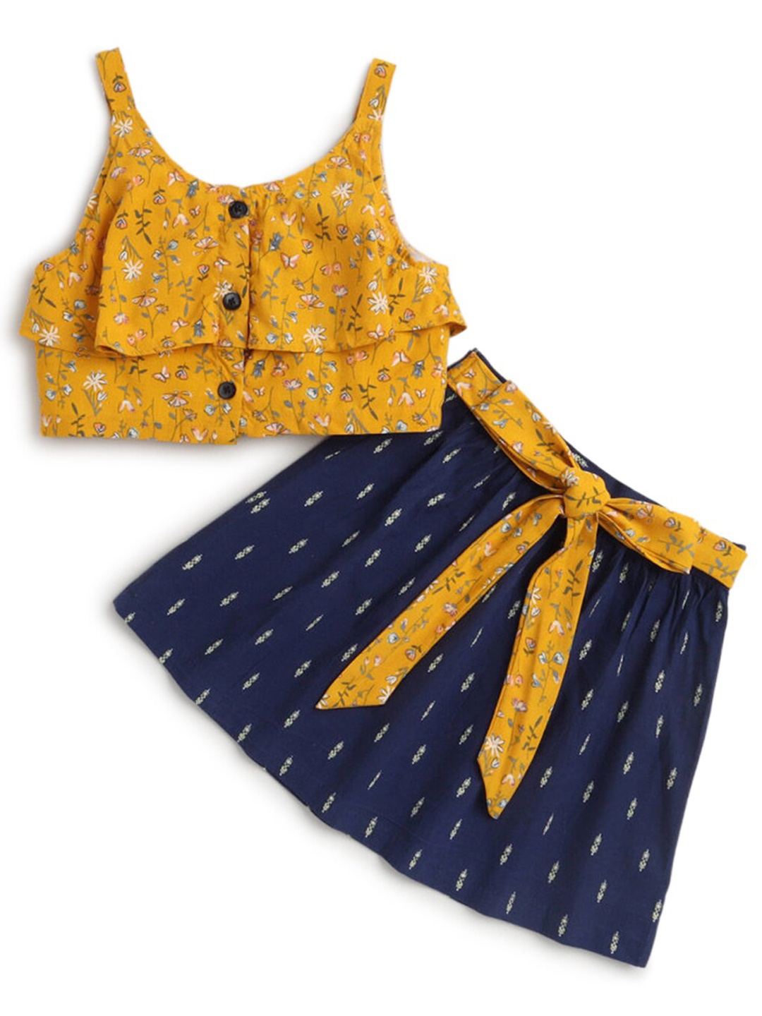

Hopscotch Girls Yellow & Navy Blue Pure Cotton Printed Top with Skirt
