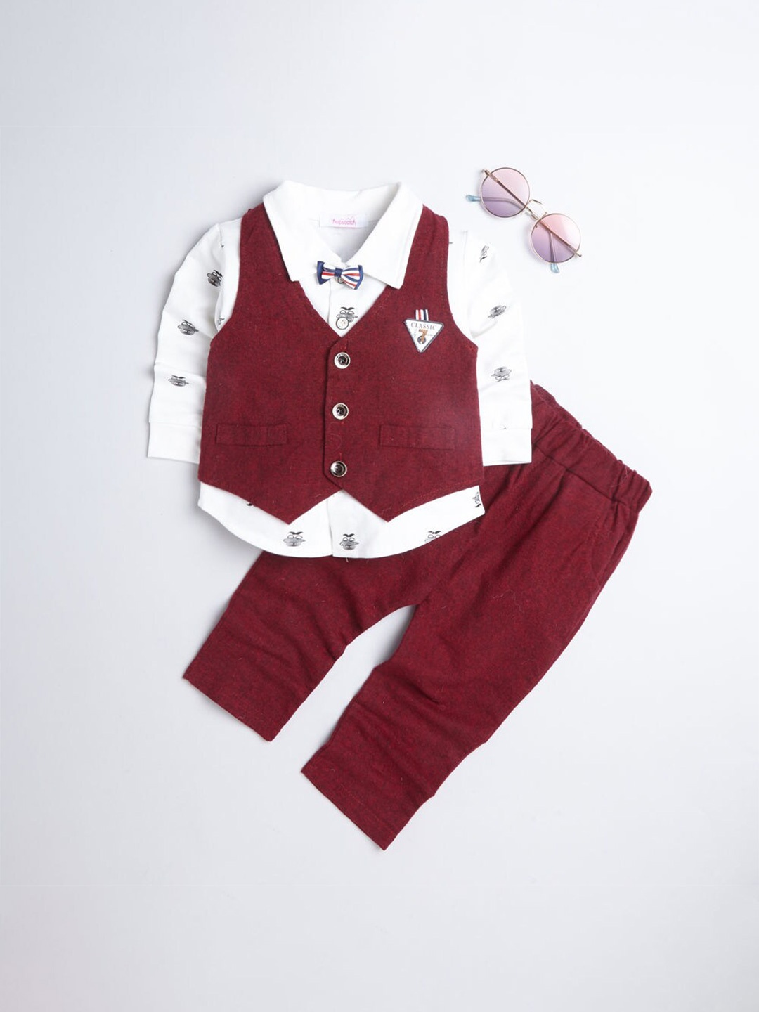 

Hopscotch Boys Red & White 3 Piece Printed Formal Shirt with Trousers And with Waist Coat