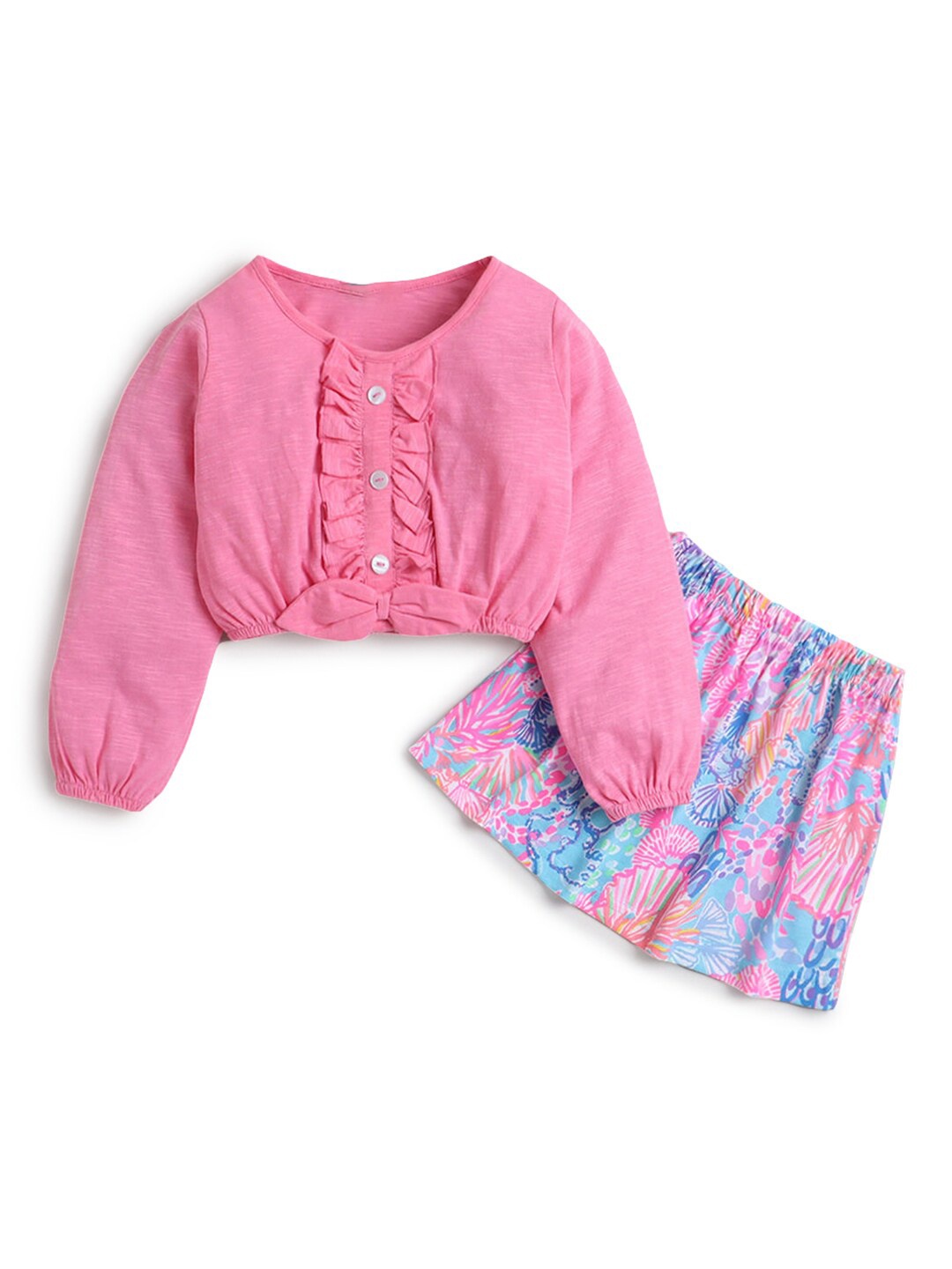 

Hopscotch Girls Pink & Blue Pure Cotton Top with Skirt