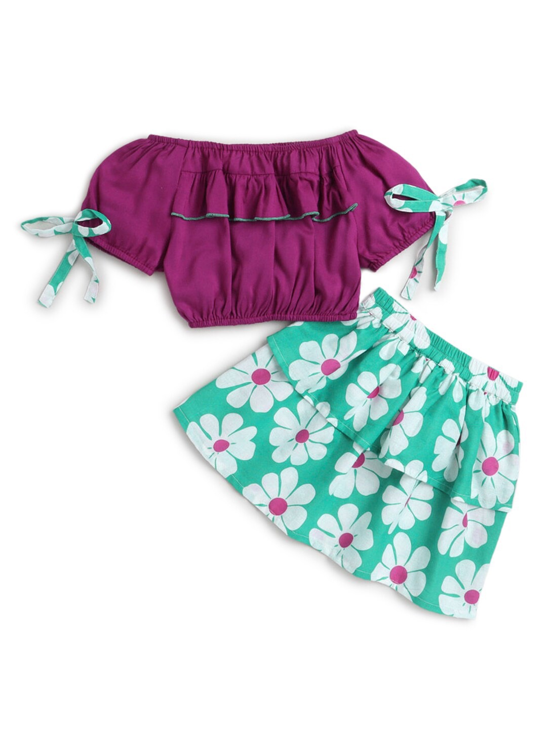 

Hopscotch Girls Purple & Blue Printed Pure Cotton Top with Skirt