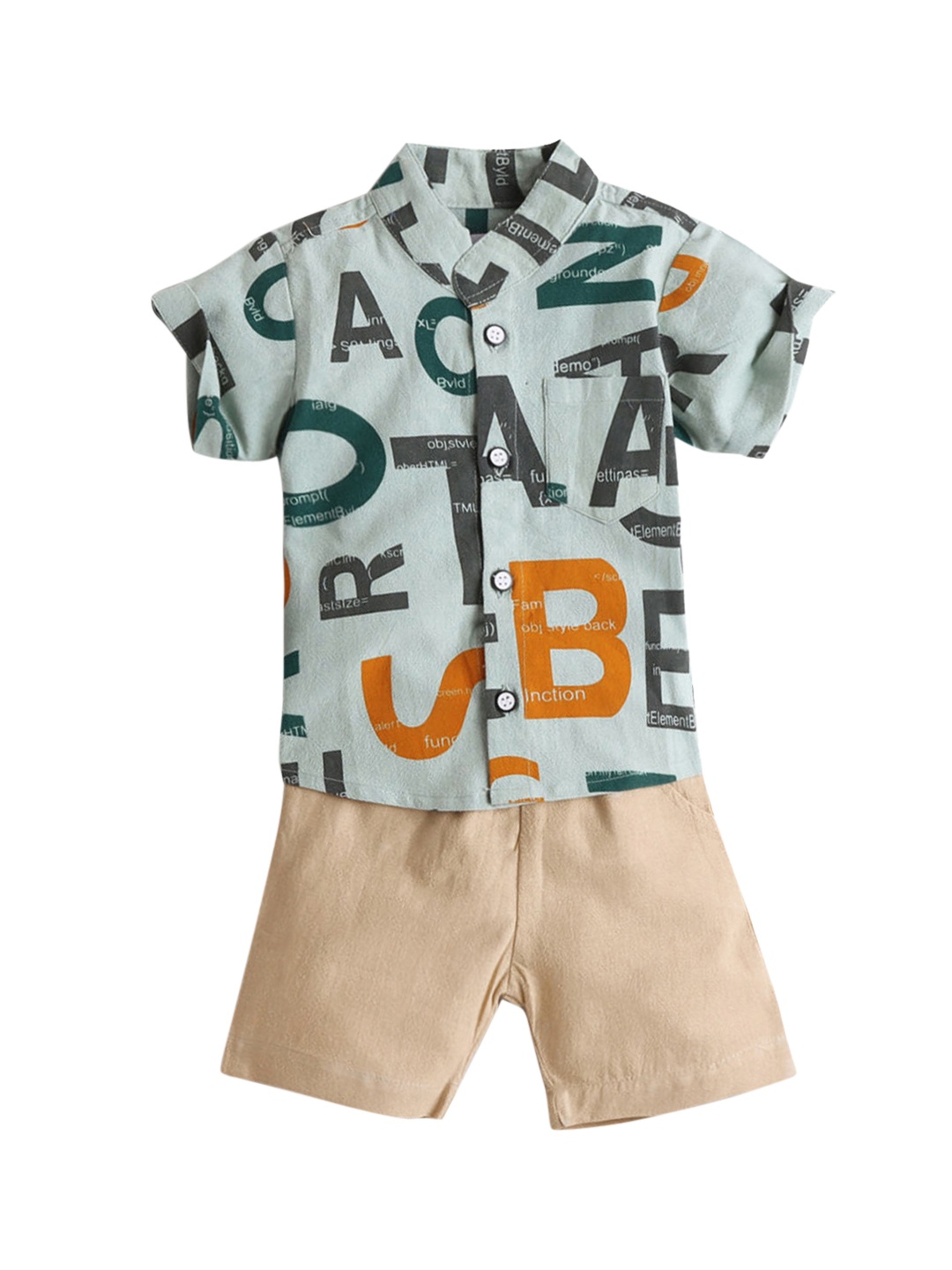

Hopscotch Boys Mint Green & Beige Typography Printed Shirt with Shorts