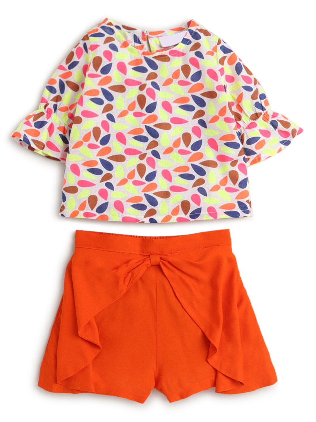 

Hopscotch Girls Orange & Yellow Printed Cotton Top with Shorts