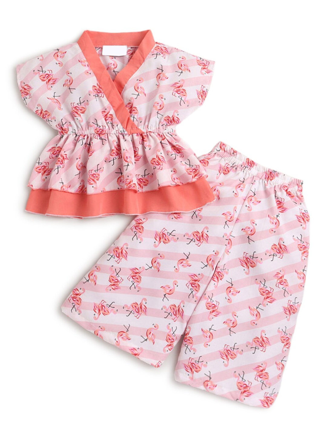 

Hopscotch Girls White & Coral Printed Top with Trousers Clothing Set