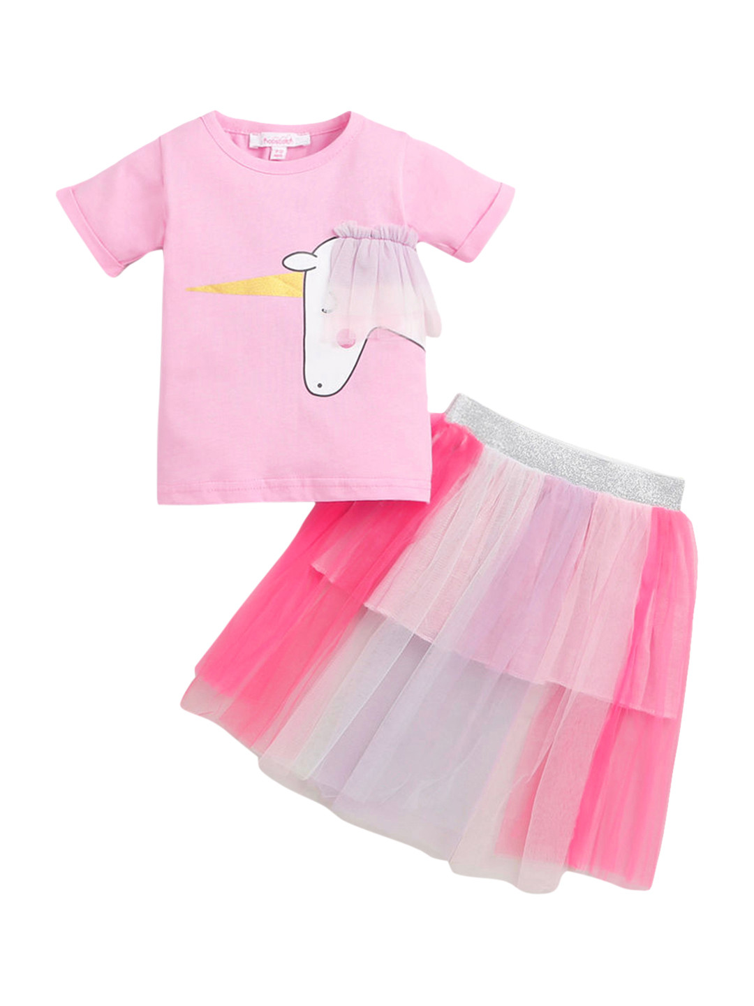 

Hopscotch Girls Pink & Peach-Coloured Printed T-shirt with Skirt