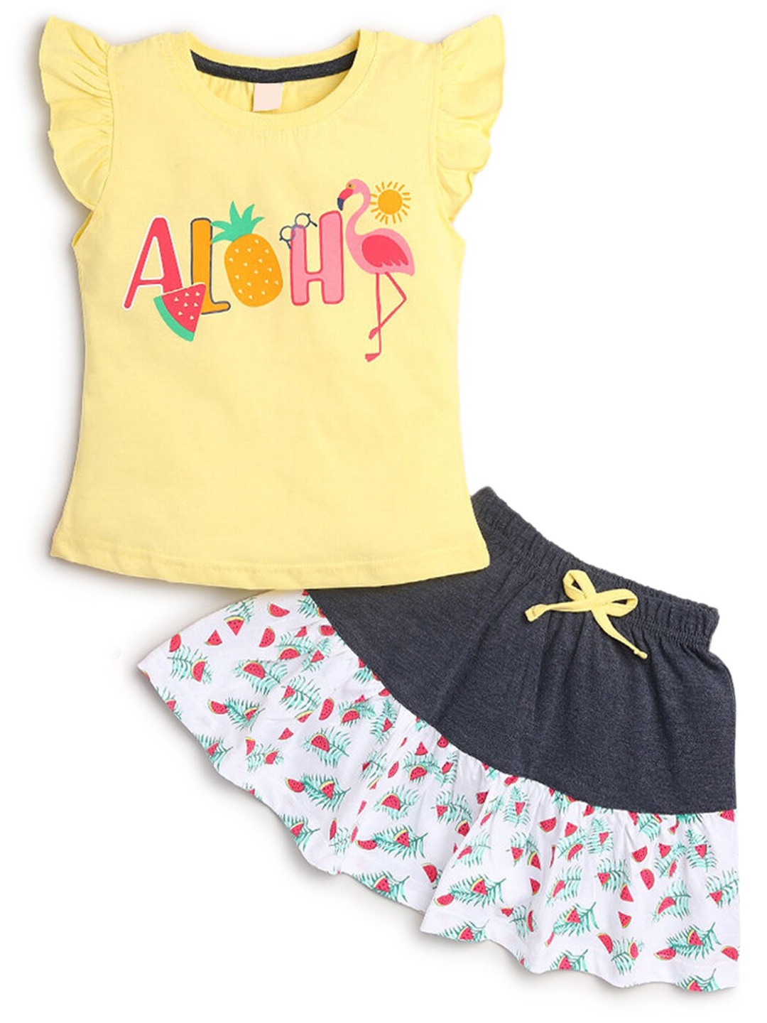 

Hopscotch Girls Yellow & Blue Printed Cotton T-shirt with Skirt