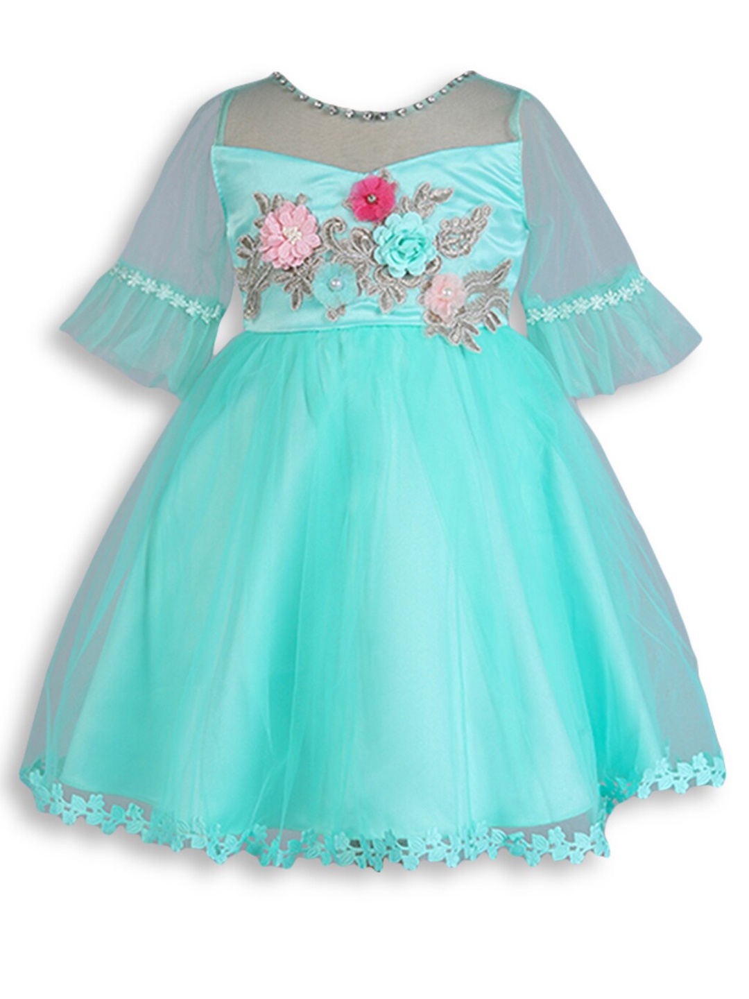

Hopscotch Girls Green Embellished Embroidered Net Maxi Gown Dress
