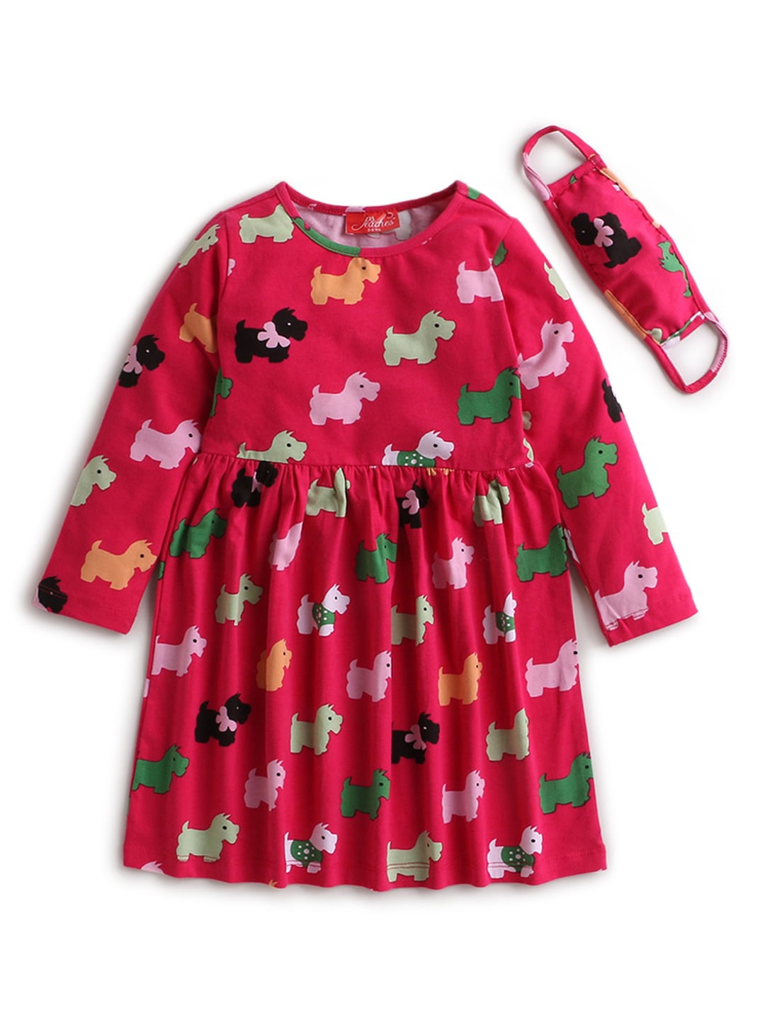 

Hopscotch Red & Green Printed Dress with Face Mask