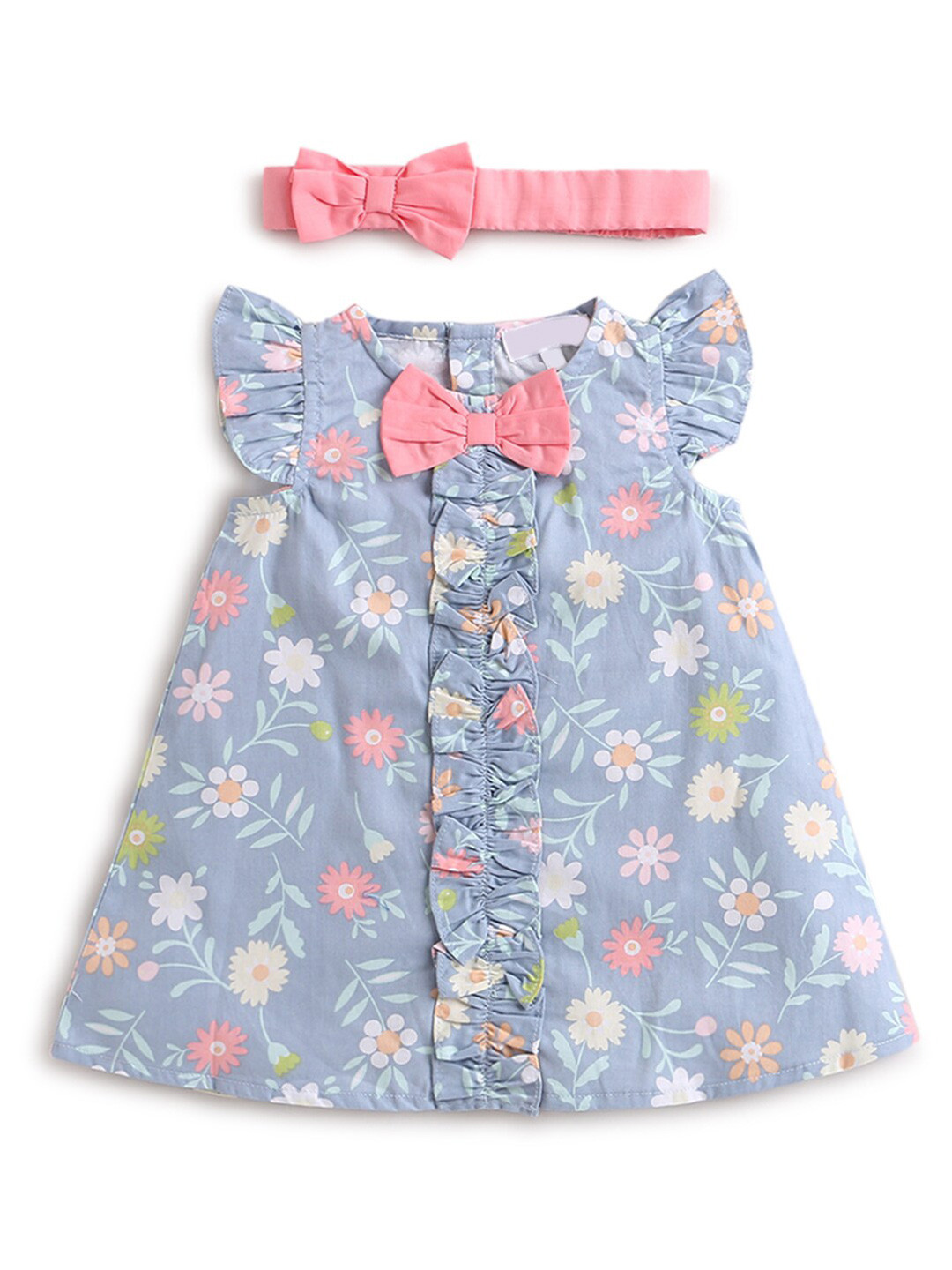 

Hopscotch Girls Blue & Peach-Coloured Floral A-Line Dress