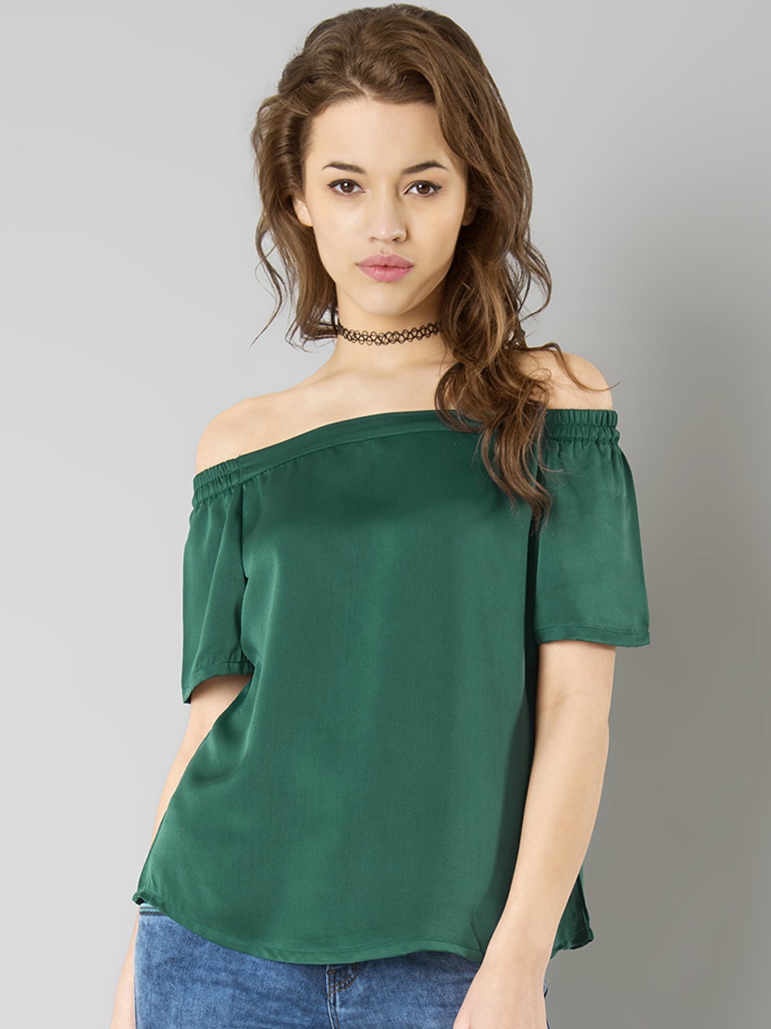 

FabAlley Green Satin Bardot Top