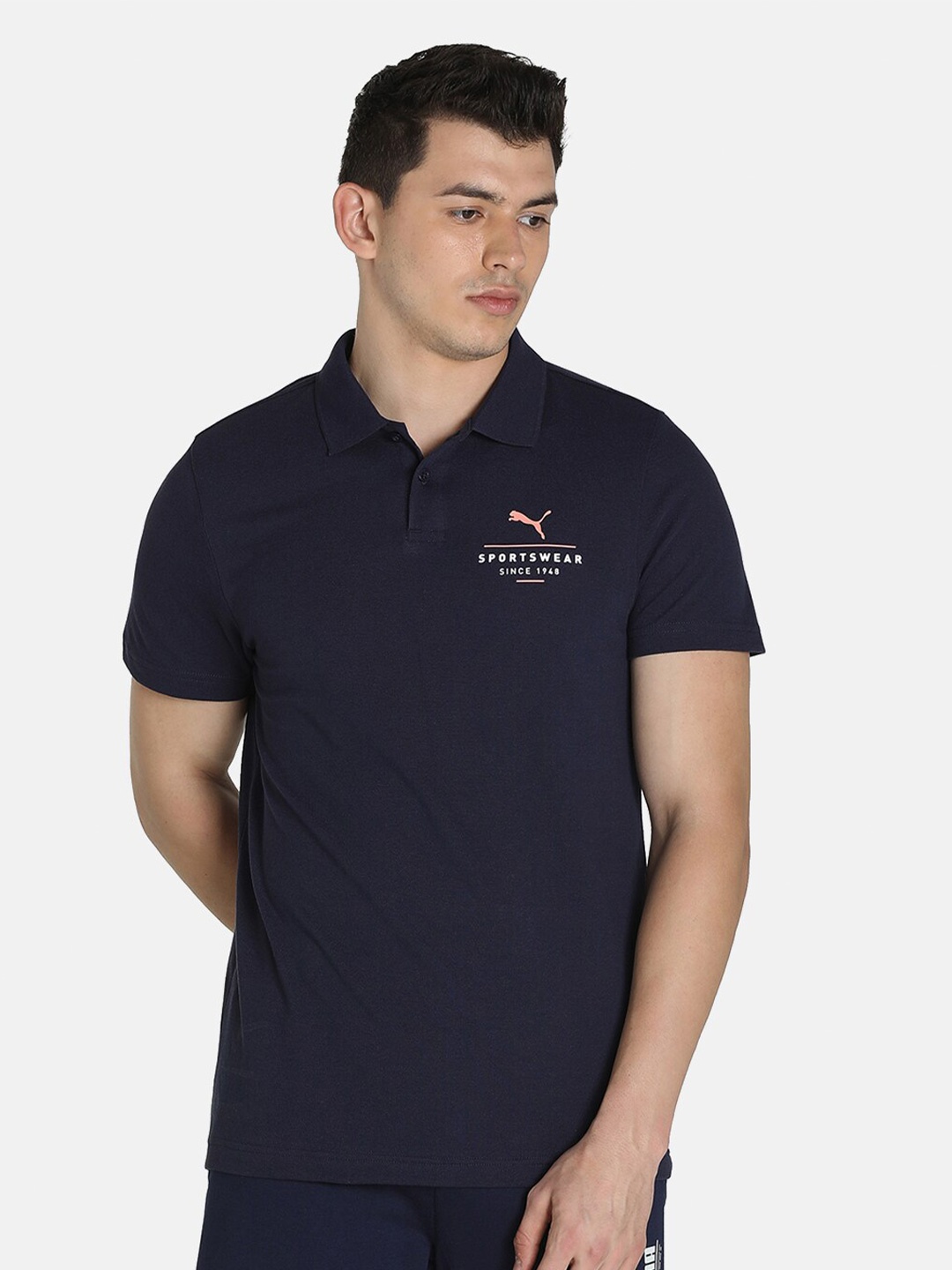 

Puma Men Navy Blue Brand Logo Polo Collar T-shirt