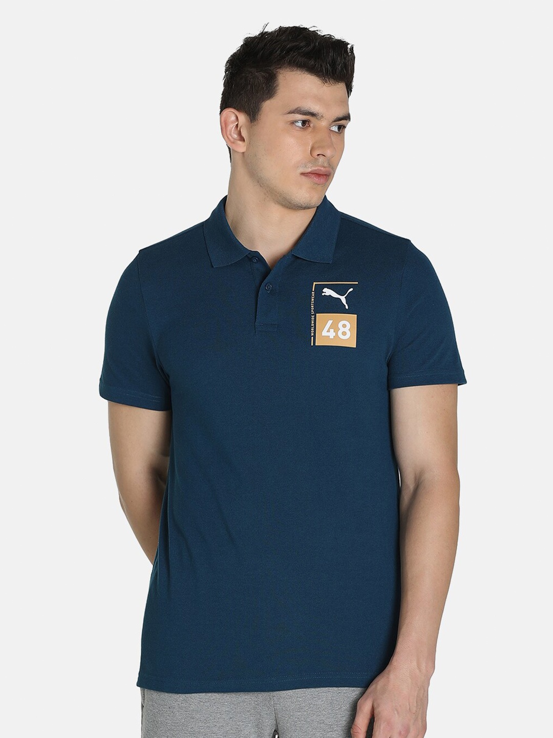 

Puma Men Blue Brand Logo Polo Collar Slim Fit T-shirt