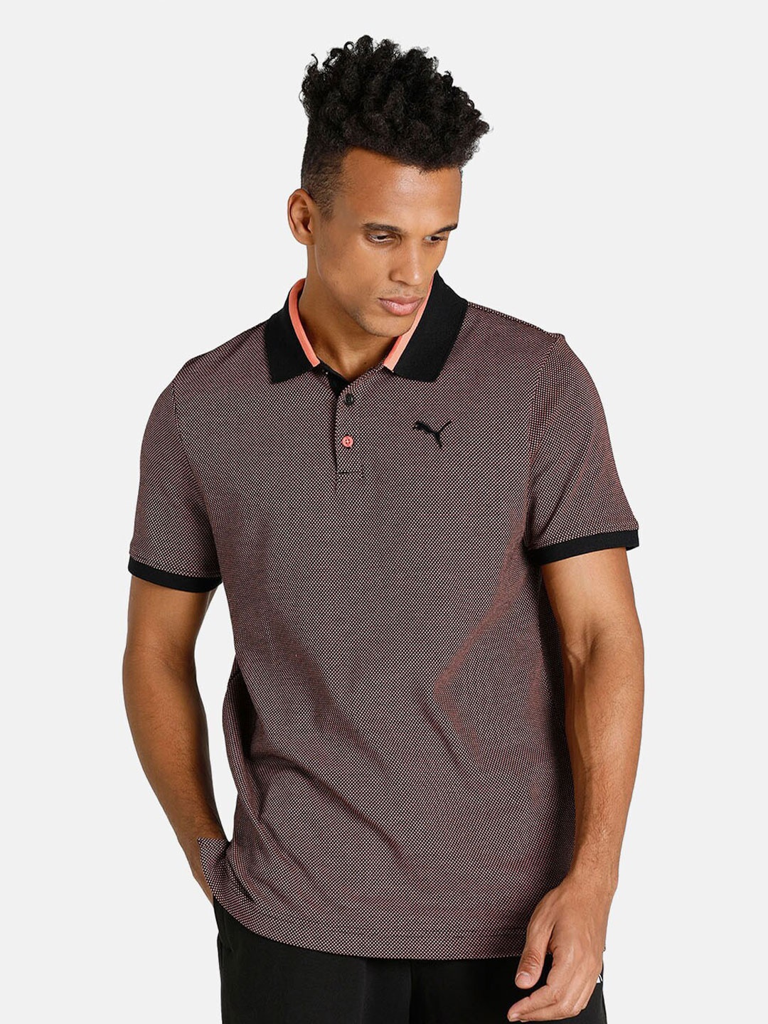 

Puma Men Black Brand Logo Printed Polo Collar Cotton T-shirt