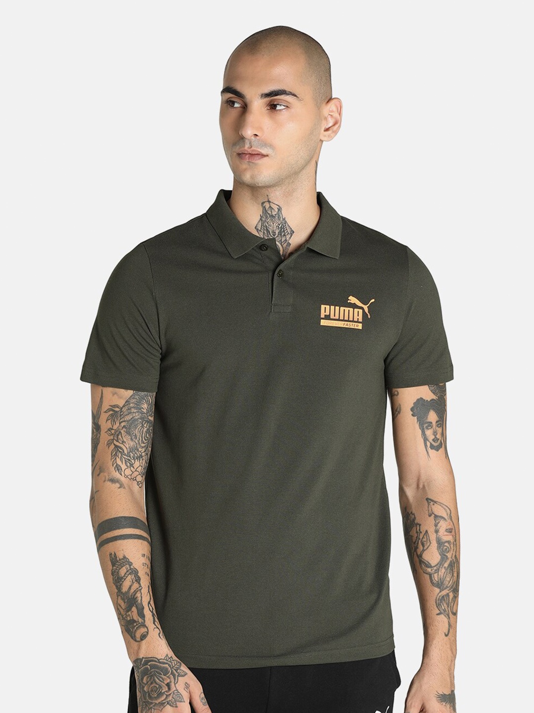 

Puma Solid Polo Collar Slim Fit Cotton T-shirt, Olive