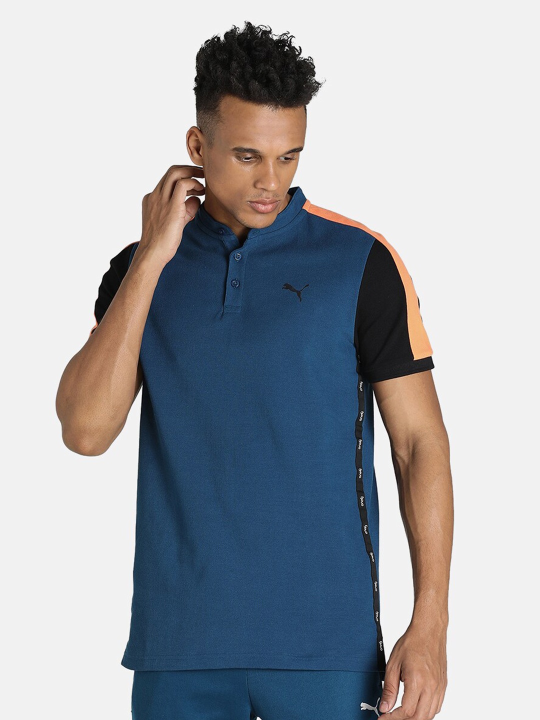 

Puma Men Blue & Black Colourblocked Mandarin Collar Slim Fit T-shirt