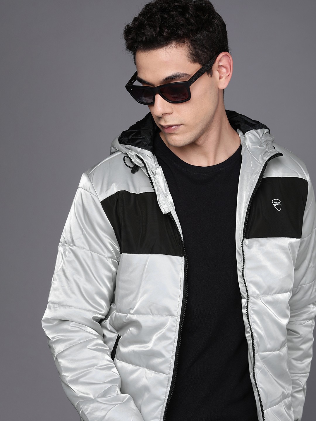 

Ducati Men Grey And Black Colourblocked Hooded Padded Jacket