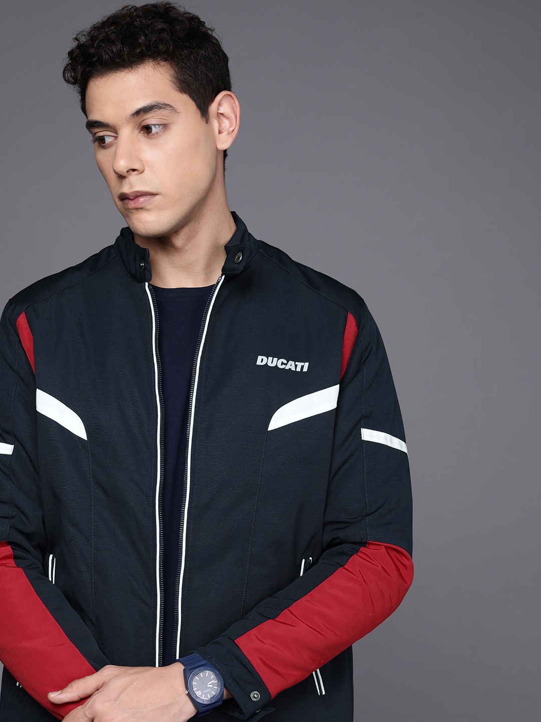 

Ducati Men Navy Blue And Red Colourblocked Stand-Collar Padded Jacket