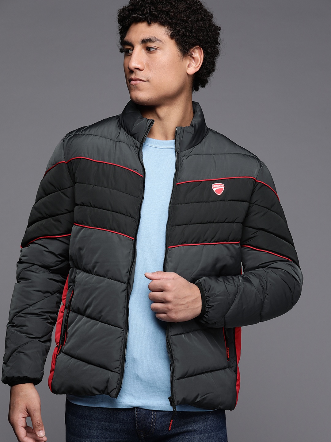 

Ducati Men Charcoal Grey & Black Solid Padded Jacket