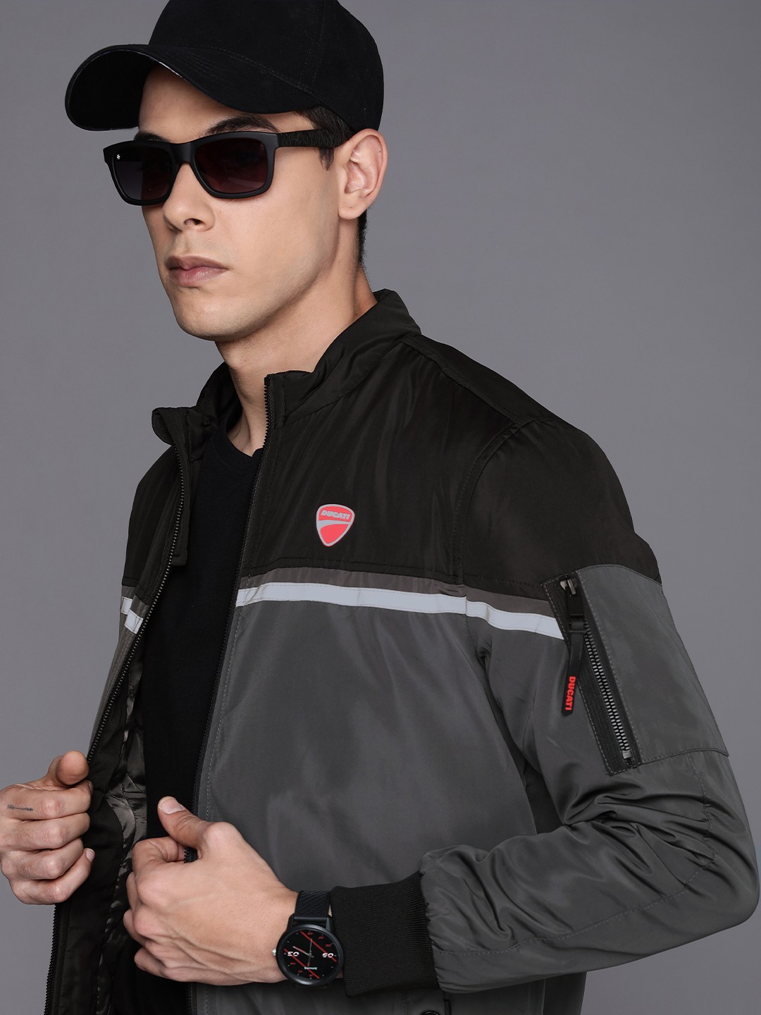 

Ducati Men Black & Grey Colourblocked Bomber Jacket