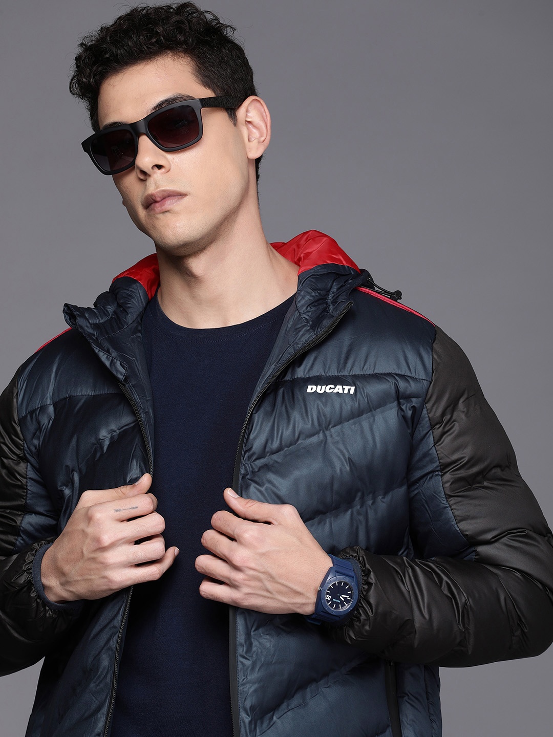 

Ducati Men Navy Blue And Olive Green Colourblocked Hooded Padded Jacket