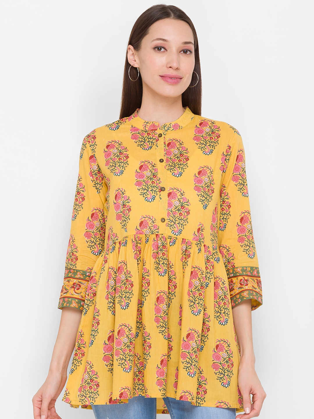 

ZOLA Pure Cotton Mandarin Collar Printed Tunic, Yellow