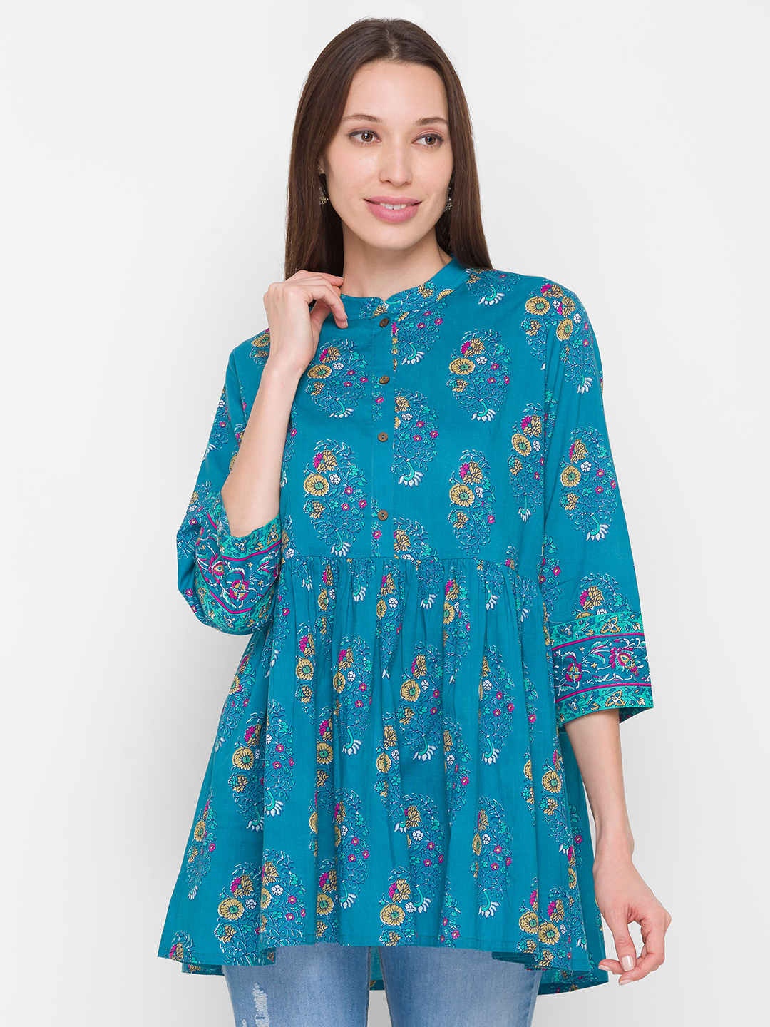 

ZOLA Women Teal & Mustard Mandarin Collar Printed Tunic