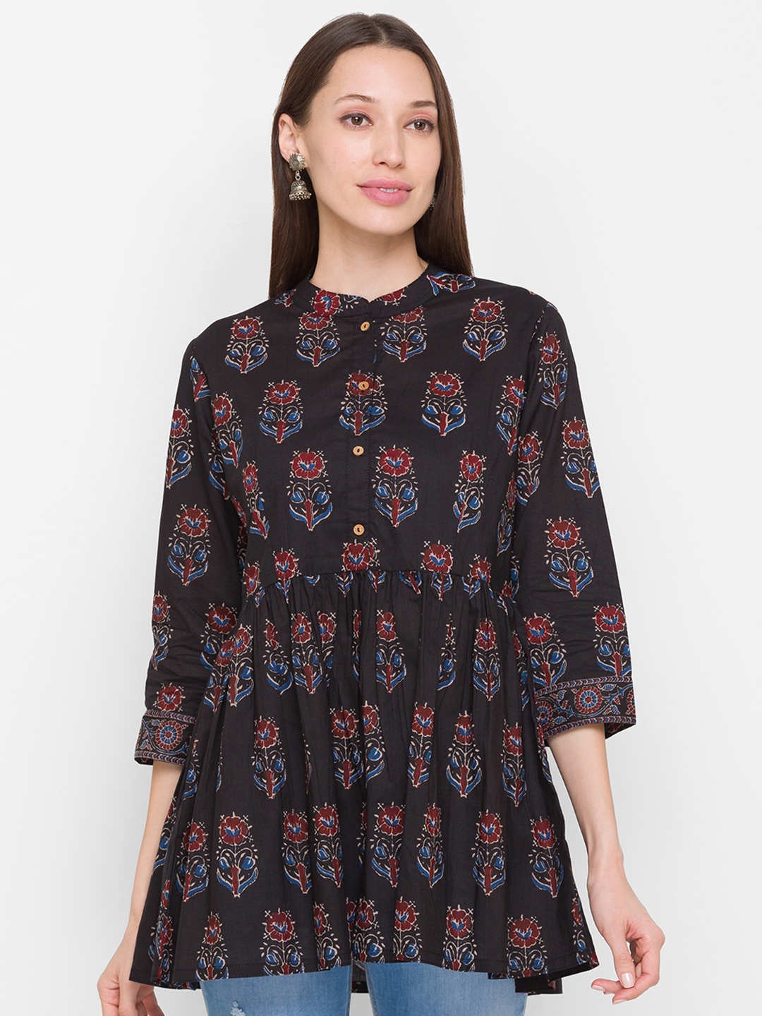 

ZOLA Women Black & Blue Mandarin Collar Printed Tunic