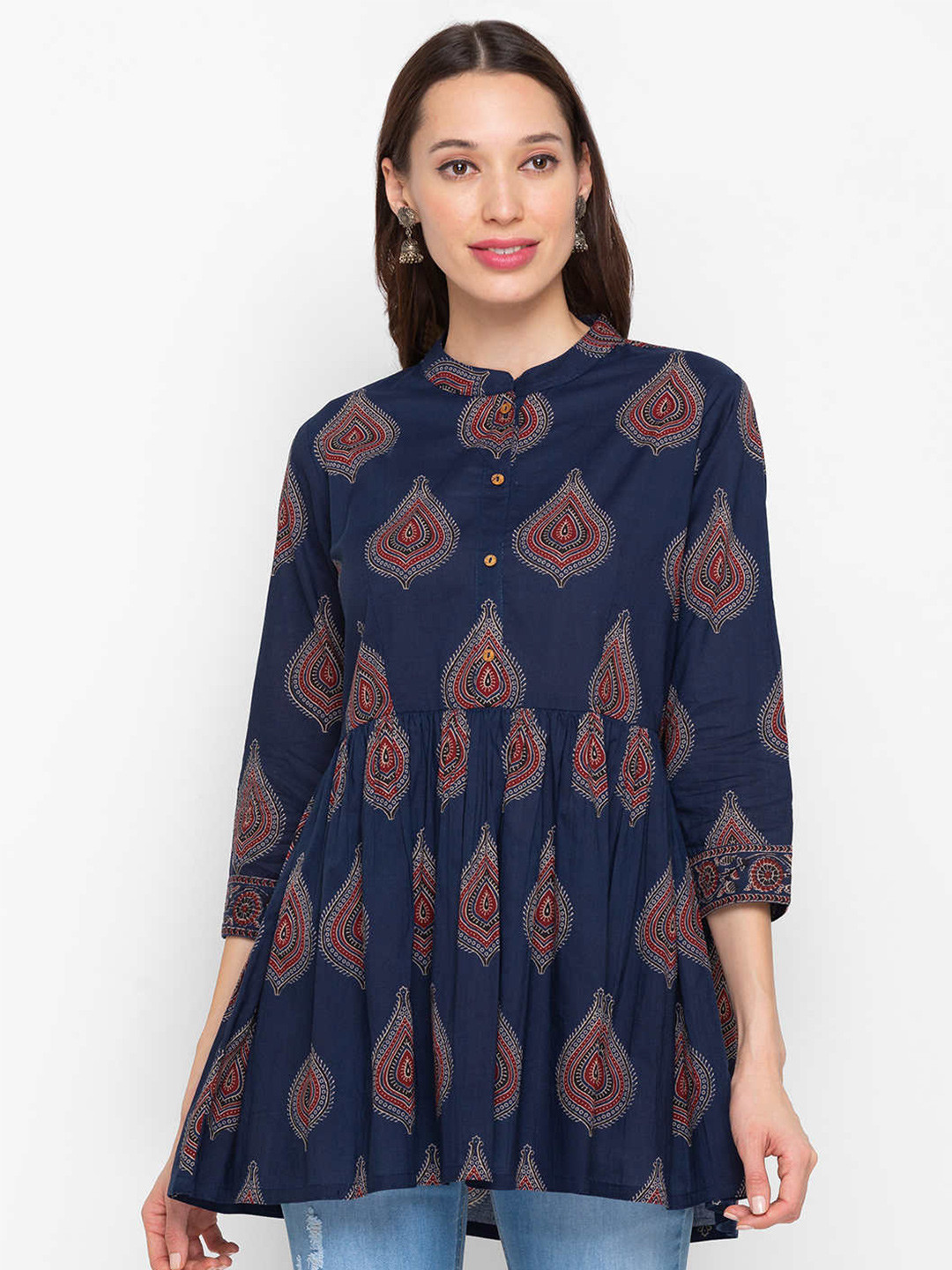

ZOLA Navy Blue & White Mandarin Collar Printed Cotton Tunic