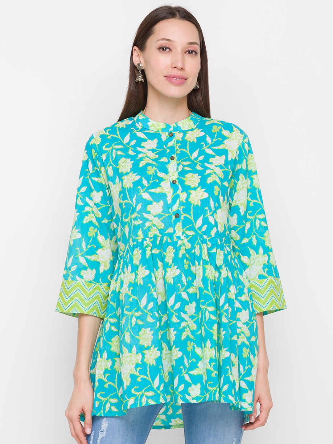 

ZOLA Pure Cotton Mandarin Collar Printed Lightweight Tunic, Blue