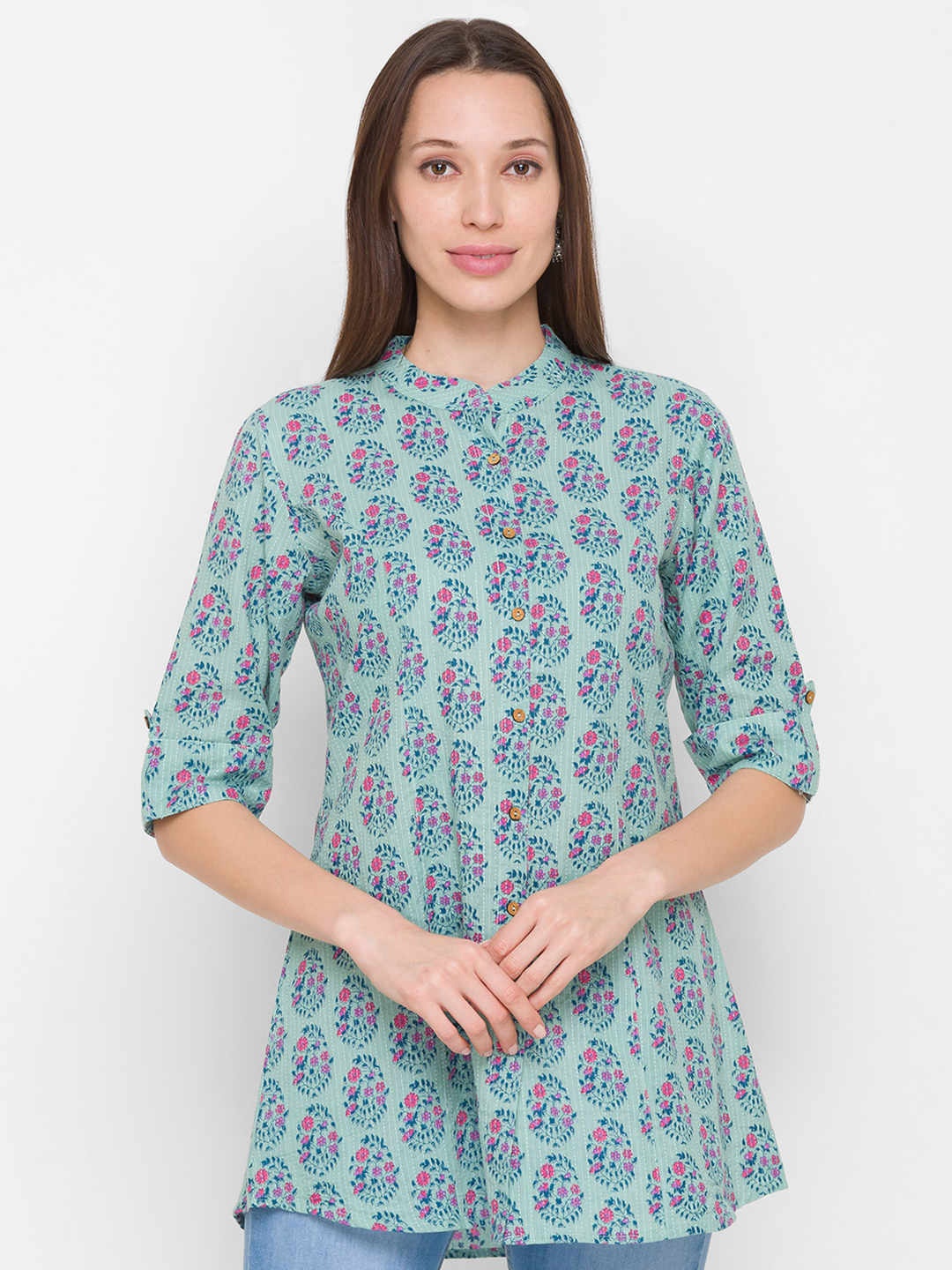 

ZOLA Floral Printed Short Sleeves Mandarin Collar Tunic, Blue