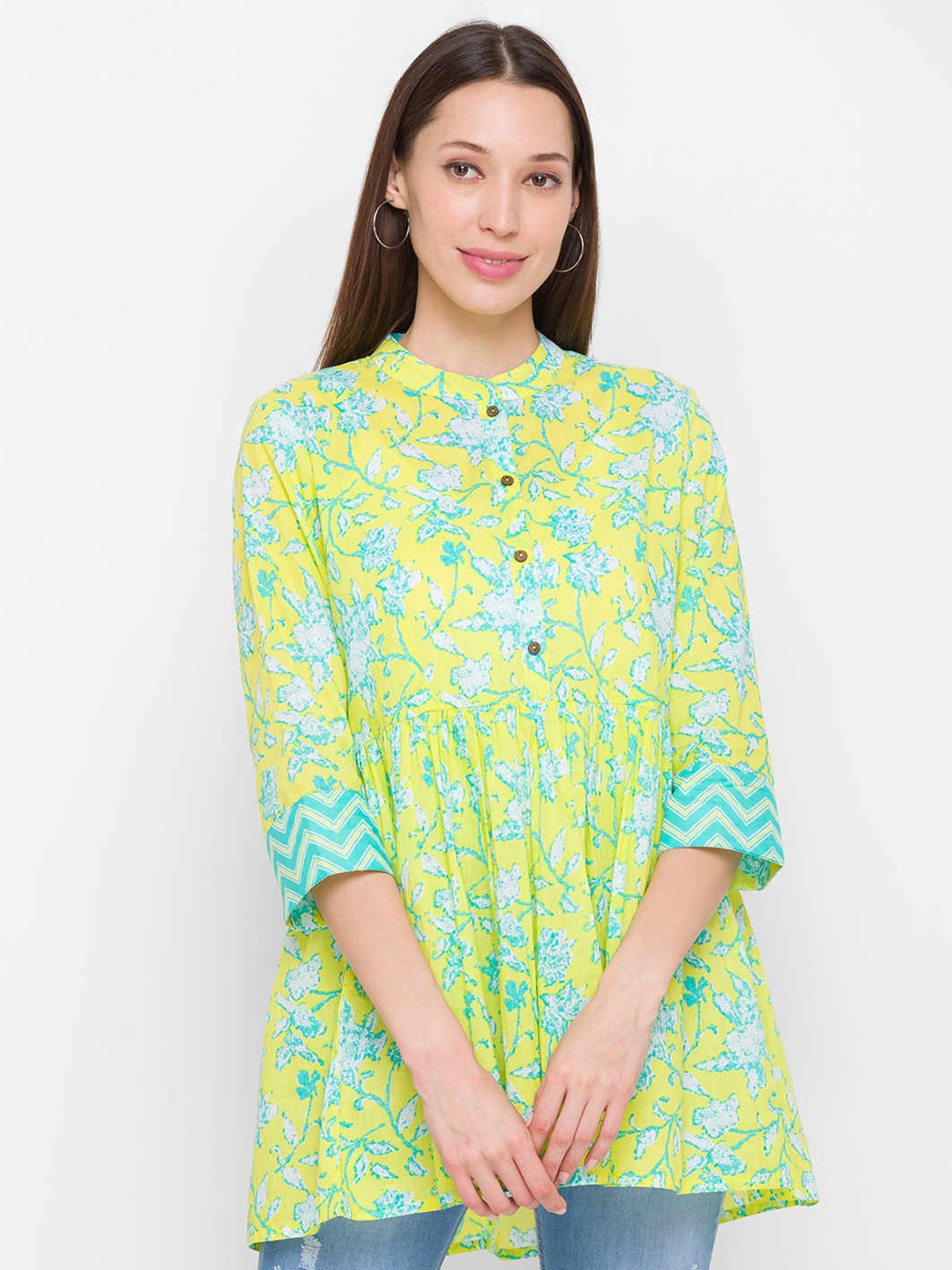 

ZOLA Pure Cotton Mandarin Collar Printed Tunic, Yellow