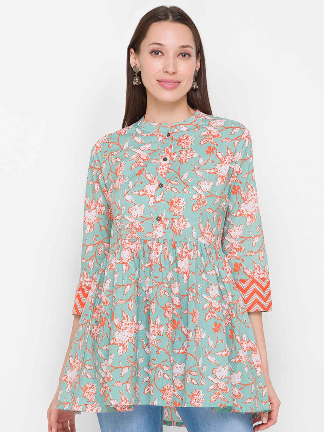 

ZOLA Women Orange & Sea Green Printed Cotton Tunic