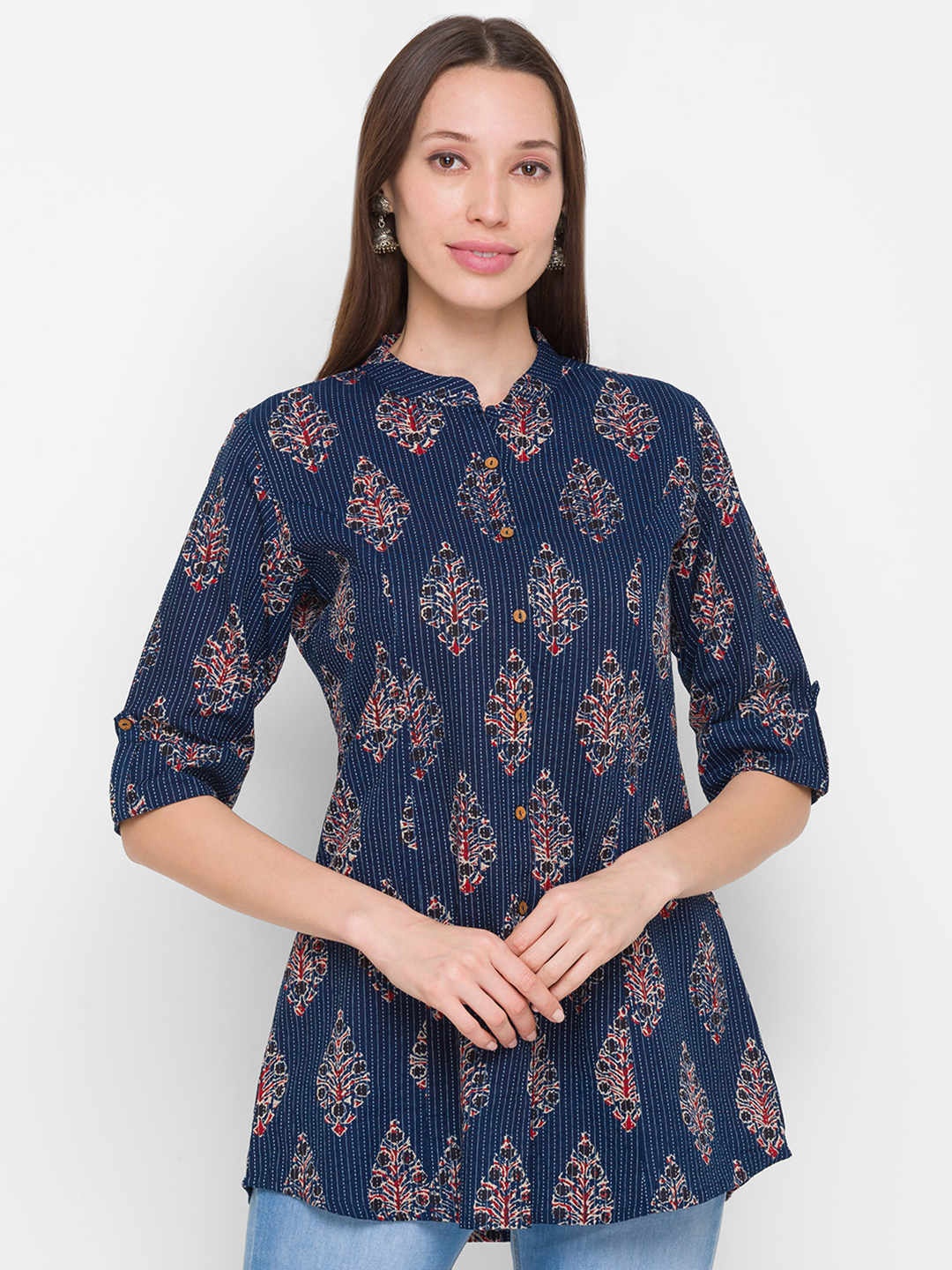 

ZOLA Pure Cotton Mandarin Collar Colourblocked Lightweight Tunic, Navy blue